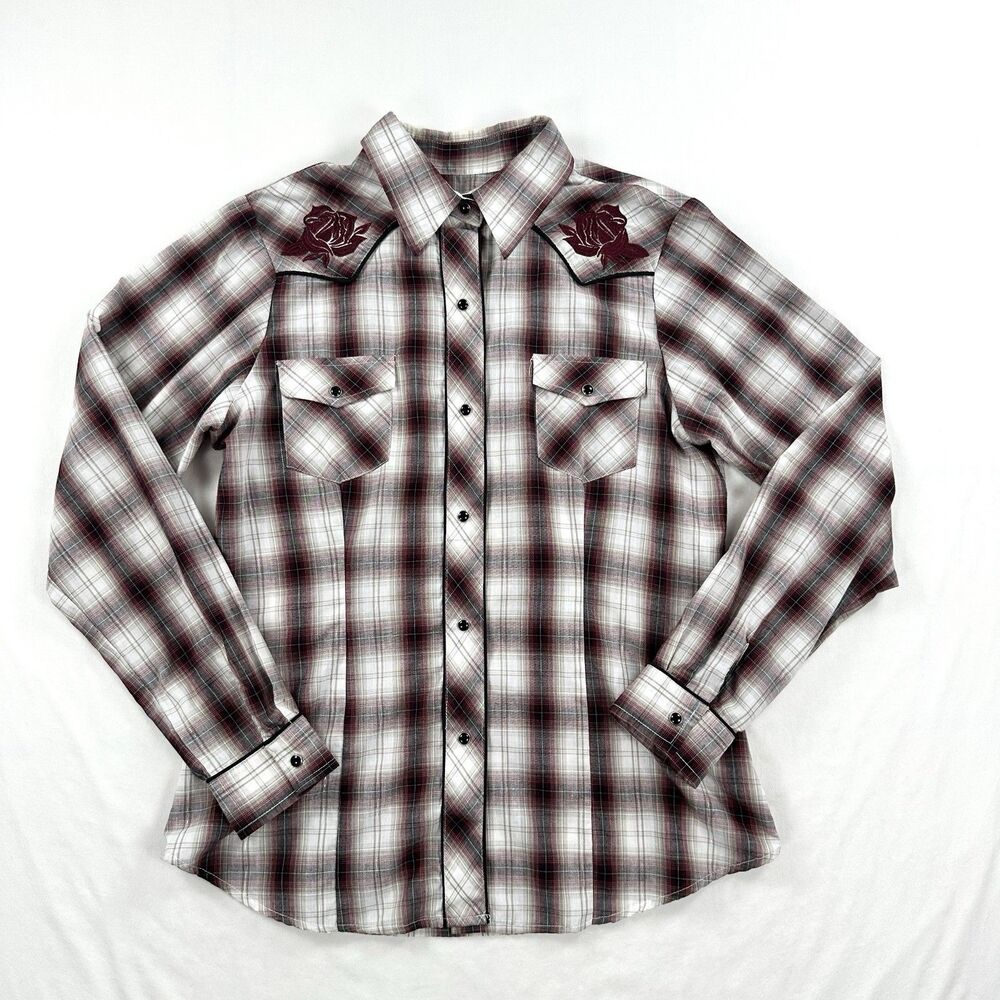Roper Embroidered Pearl Snap Shirt Womens Medium Plaid Floral Metallic Western